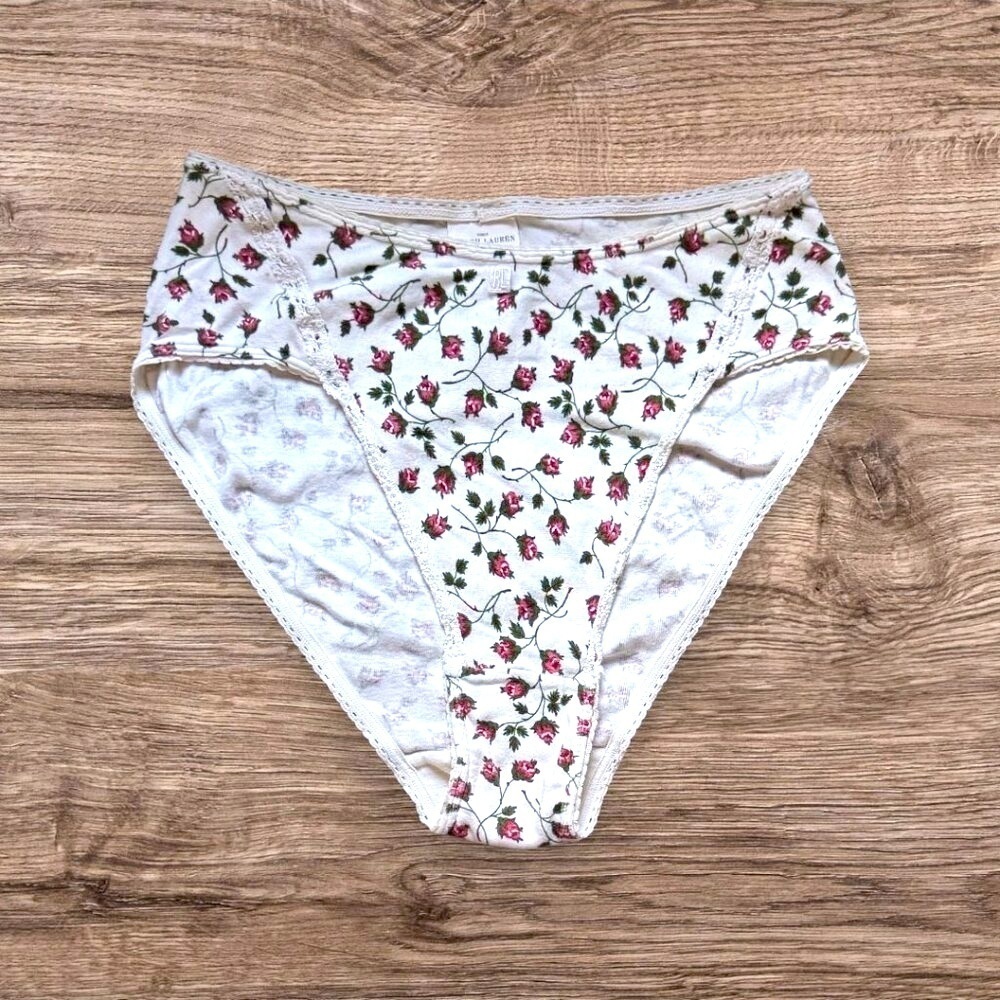 RALPH LAUREN Vintage 90s Pink Rosebud Cotton Lace 9153 High Leg Brief Panties M